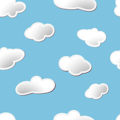 White fluffy cartoon clouds seamless pattern on light blue sky background. Vector EPS 10 illustration for kids fabric or backdrop.