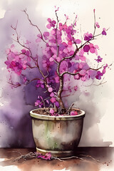 Botanical Watercolor Illustration of Redbud in Pot. Generative AI