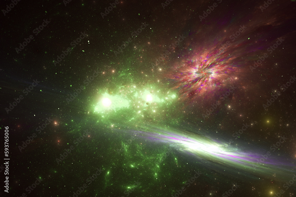 Aufkleber green red clouds of stardust in black space. abstract fractal 3d rendering
