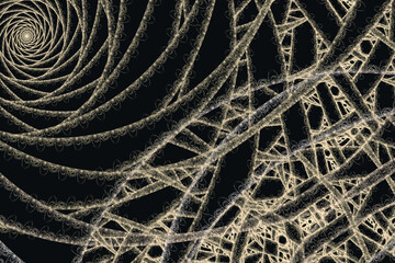 Brown swirling pattern of crooked transparent ribbons on a black background. Abstract fractal 3D rendering
