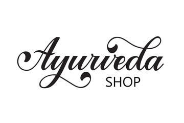 Ayurveda shop handwritten text. Modern brush calligraphy, hand lettering typography. Script logotype. Stylish calligraphic logo template for ayurvedic shop, market, spa salon, holistic centre