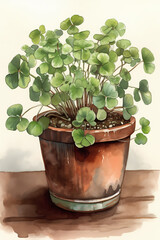 Botanical Watercolor Illustration of Shamrock in Pot. Generative AI
