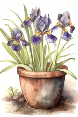 Naklejka na ściany i meble Botanical Watercolor Illustration of Siberian Iris in Pot. Generative AI