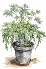Botanical Watercolor Illustration of Silver Mound in Pot. Generative AI