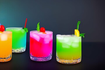 rainbow paradise cocktail with three color curacao blue drink, isolated on black background,highly detailed - generative ai