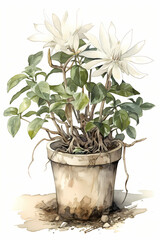Botanical Watercolor Illustration of Star Magnolia in Pot. Generative AI