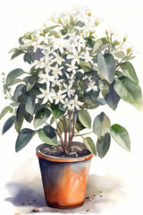 Botanical Watercolor Illustration of Stephanotis in Pot. Generative AI