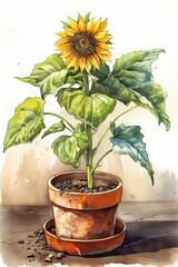Botanical Watercolor Illustration of Sunflower in Pot. Generative AI