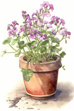 Botanical Watercolor Illustration of Sweet Rocket in Pot. Generative AI