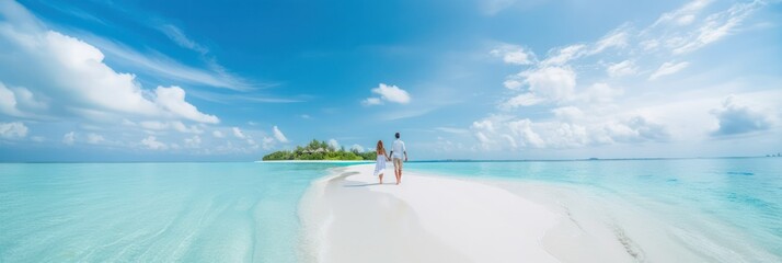a young couple walks along the white sand of a beach on a paradise island. concept of travel and luxury rest. generative AI - obrazy, fototapety, plakaty