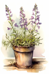 Botanical Watercolor Illustration of Toadflax in Pot. Generative AI