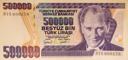 Old Turkish banknote of 500,000 thousand liras in color