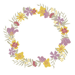 Elegant flower wreath. Handdrawn fantastic flowers and leaves in pastel colors. Design for cards, poster, invitation.
