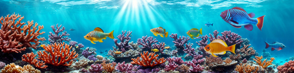 Naklejka na ściany i meble Horizontal banner with ocean reef with colorful corals, tropical fish and sunlight streaming through the sea water. Underwater world beauty illustration. Generative AI