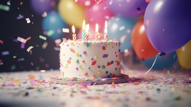 Birthday cake and balloons. Birthday Celebration. Balloons and Cake. Neon Birthday. Beautiful Birthday Candles with cake and balloon. AI Generated.