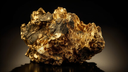 Fototapeta premium Luxury large gold nugget with a rough rocky look on a black background. Al generated