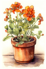 Botanical Watercolor Illustration of Wallflower in Pot. Generative AI