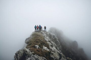A group of male hikers with backpacks climb a rocky hill.climbers go uphill in the mountains against the backdrop of a misty cliff. The concept of hiking, traveling, climbing and hiking. Generative AI