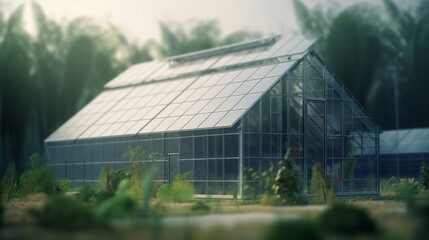 Naklejka premium Realistic illustration green house energy solar energy panel and trees and plants. Al generated