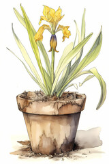 Botanical Watercolor Illustration of Yellow Flag in Pot. Generative AI