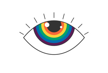 Retro groovy boho open rainbow color eye. Psychedelic hippie style badge. Vintage hippy crazy esoteric iridescent pupil sticker design. Abstract 60s, 70s, 80s trendy y2k vector eps illustration