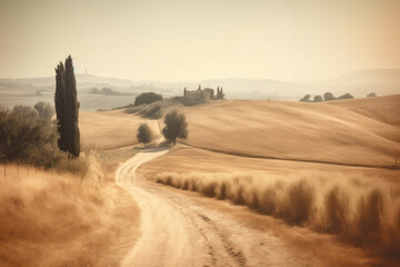 Fototapeta premium Autumn Italian landscape in retro style, an autumn field with dirt road and cloudy sky. AI-generated 