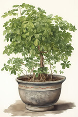 Botanical Watercolor Illustration of Yellowwood in Pot. Generative AI