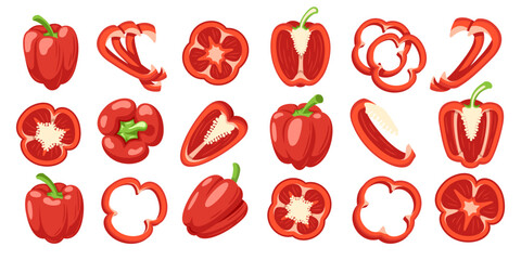 Sweet red bell peppers set isolated on white background. Bell peppers in Cartoon style. Vector illustration - obrazy, fototapety, plakaty