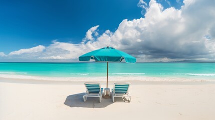 A Perfect Sandy Beach with a Turquoise Parasol and Two Chairs, Blue Sky, Sea, Generative AI