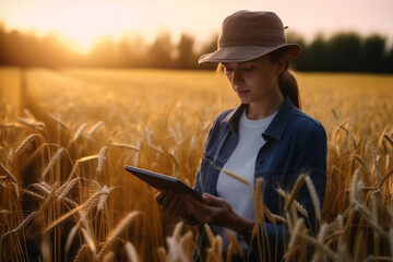 A woman farmer examines the field of cereals and sends data to the cloud from the tablet. Smart farming and digital agriculture.Generative AI