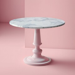 A round marble table against a pale pink wall, with a plain light gray background