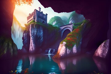 rocky passage from a mountain, stairs descending, circular gothic tower, waterfall, cliff, vivid colors - generative ai