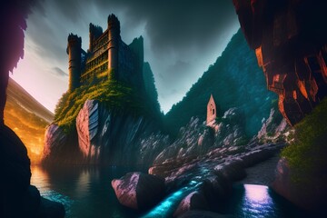 Fototapeta na wymiar rocky passage from a mountain, stairs descending, circular gothic tower, waterfall, cliff, vivid colors - generative ai