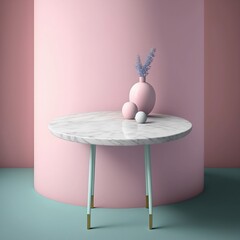 A round marble table against a pale pink wall, with a plain light gray background