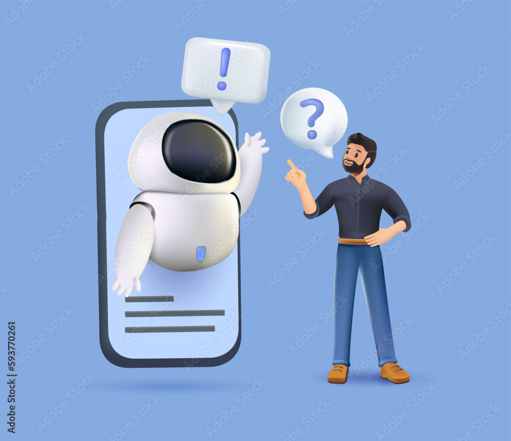 Poster 3d robot chatbot in smartphone voice application abstract concept 3d render vector illustration. cha