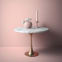 A round marble table against a pale pink wall, with a plain light gray background