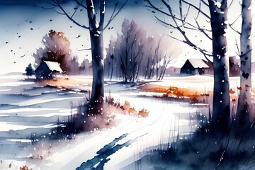 Rural winter landscape watercolor painting - generative ai