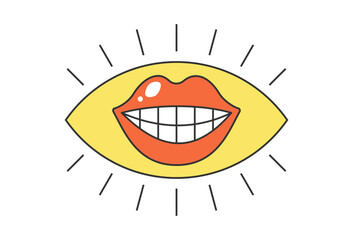 Obraz premium Retro eye with pink lipstick female smiling mouth. Psychedelic groovy hippie style bizarre design. Vintage hippy crazy seductive kiss pupil sticker. Abstract 60s, 70s trendy y2k. Trippy pop art. Eps