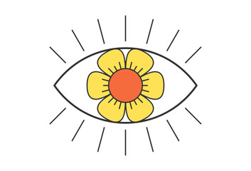 Retro open eye with daisy flower. Psychedelic groovy hippie style bizarre design. Vintage hippy crazy funky chamomile floral pupil sticker. Abstract 60s, 70s, 80s trendy y2k. Trippy pop art eps vector