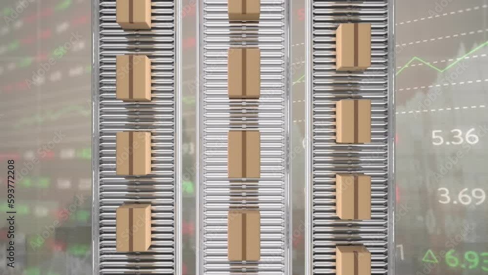 Poster animation of delivery boxes on conveyer belt against stock market data processing and cityscape