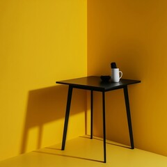 A simple black table against a mustard yellow wall, with a plain white background.
