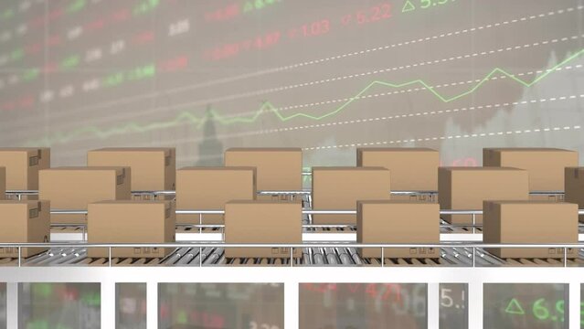 Animation of delivery boxes on conveyer belt against stock market data processing and cityscape