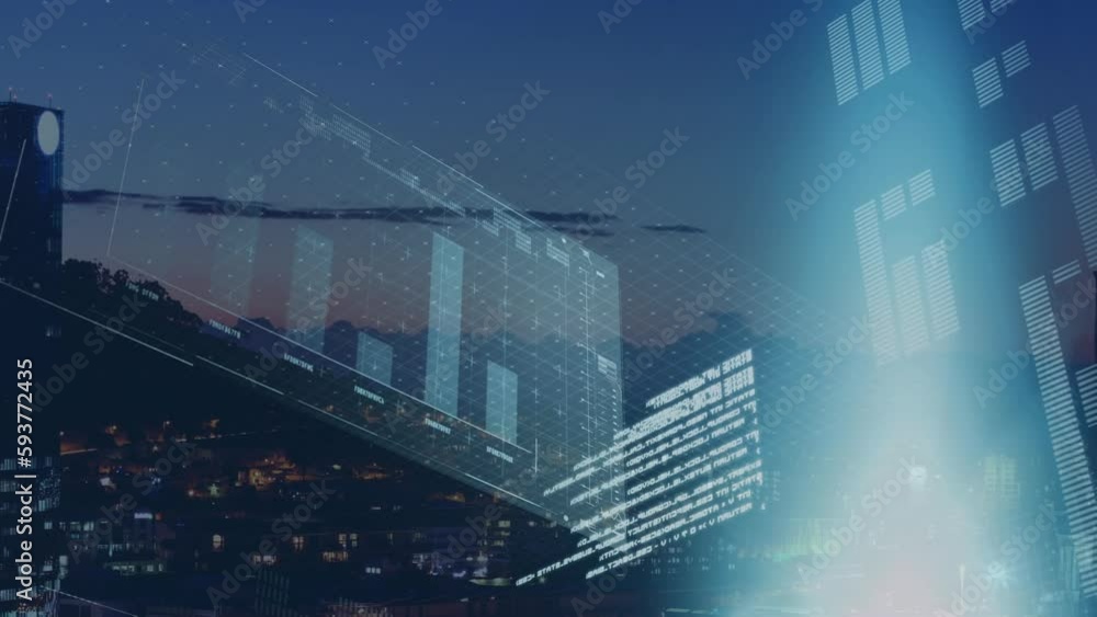Aufkleber animation of interface with data processing and blue light spot against view of cityscape at night