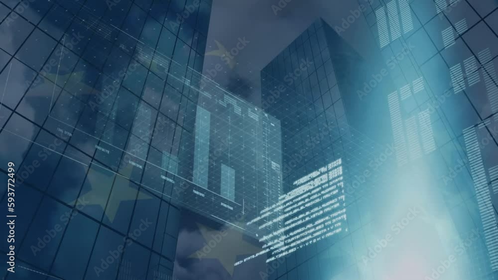 Poster animation of interface with data processing over waving eu flag against tall buildings