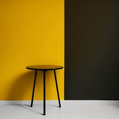 A simple black table against a mustard yellow wall, with a plain white background.