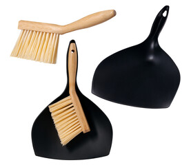 Brush and dustpan for sweeping crumbs from the table. Isolated background. - obrazy, fototapety, plakaty