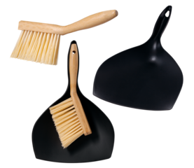 Brush and dustpan for sweeping crumbs from the table. Isolated background.