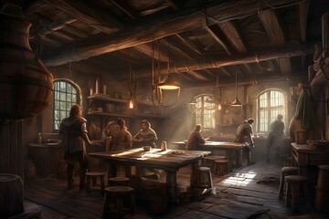 Obraz na płótnie Canvas art illustration of medieval tavern. AI generative
