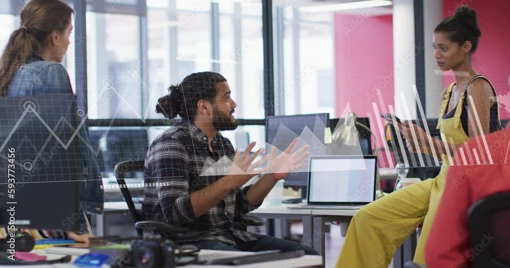 Poster animation of statistical data processing against diverse colleagues discussing together at office