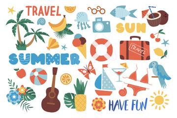 Set of summer stickers. Palm trees, bananas and guitar. Holidays and vacations in tropical and exotic countries. Swimsuit and suitcase. Cartoon flat vector illustrations isolated on white background